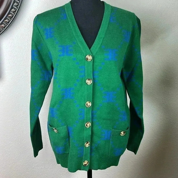 Ell and Emm Women’s Green Royal Blue EE V-Neck Cardigan Sweater Jumper Size M/L - Picture 1 of 14